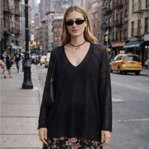 Eileen Fisher black mohair open stitch loose knit tunic size L